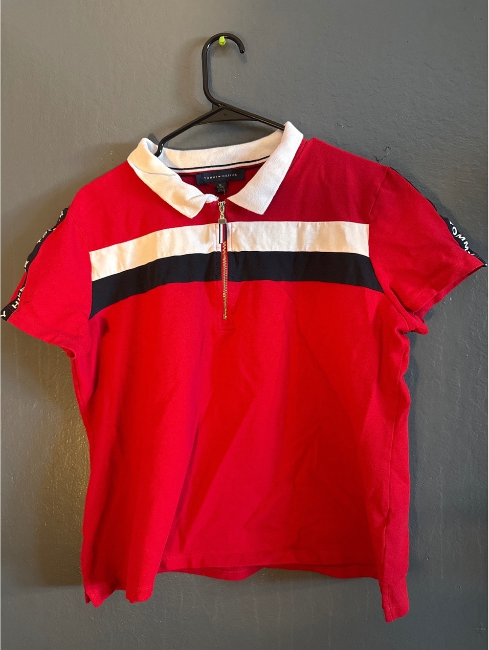 Tommy Hilfiger Red Polo Shirt with White and Black Stripe, Size XL
